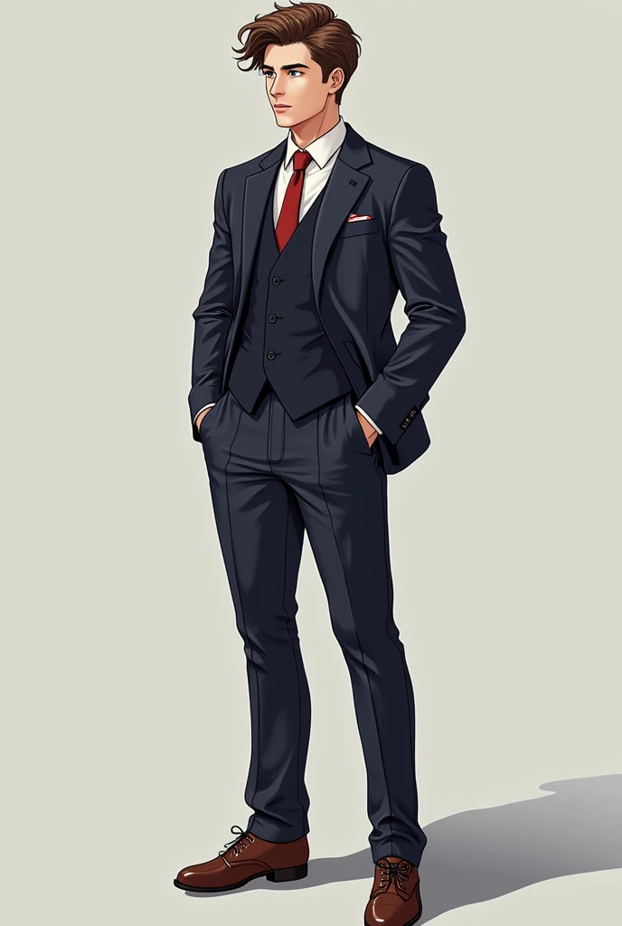 **Alexander**: Alexander, an 1 senior at the Swiss Elite Private High School, stands tall at 185 cm. His lean, muscular physique, a result of his athletic training, combined with his handsome features and short brown hair, make him a striking figure. **Alexander's School Uniform Style**: In his Swiss Elite Private High School uniform, Alexander conveys an air of understated elegance. His uniform is always meticulously tailored, fitting his athletic build perfectly. Despite being a uniform, he manages to make it uniquely his own, subtly exhibiting his affluent background through high-quality leather shoes and a perfectly knotted tie. His approach to the uniform reflects his overall demeanor - a balance between his wealth and his humility, contributing to his respected status among his peers.