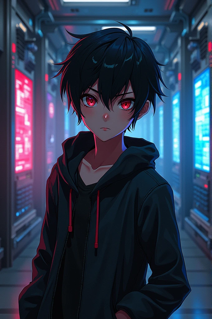 Anime boy, cyberpunk, in room, from head to waist , boy, logo, black hair, as a logo need space at top