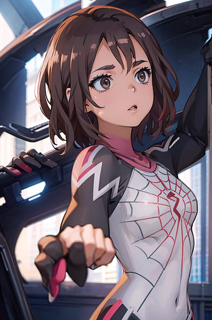 uraraka ochako, mha series, uraraka ochako, ((spider gwen)), spider gwen, wearing spider gwen suit, mask, hero mask, white face mask, white domino mask with white big eyes, covering her face, covering her features, keeping her identity, beautiful detailed eyes, beautiful detailed lips, extremely detailed eyes and face, long eyelashes, gorgeous brown short hair, dynamic action pose, intense focus, cinematic lighting, high contrast, vibrant colors, digital art, highly detailed, photorealistic, masterpiece, 8k, ultra-detailed
