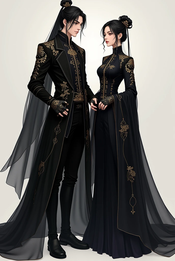 arafed image of a man and a woman in black clothes, high detailed official artwork, style game square enix, highly detailed characters, full body xianxia, 2 b, 2b, very detailed and rich clothing, official art, official character art, full body illustration, ( ( character concept art ) ), couple pose, official illustration