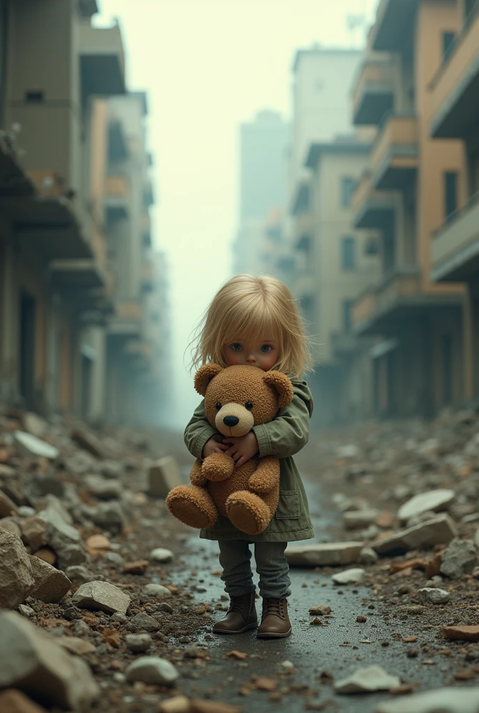 A desolate metropolis ravaged by nuclear devastation lies in ruin as a tiny, golden-haired teenager clutches a worn teddy bear for comfort amidst the rubble. The once-familiar streets now scarred and twisted, a poignant contrast to the tender grasp of youth innocence.