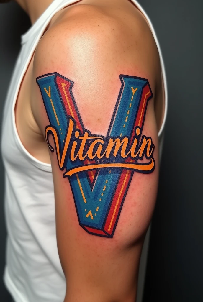 A tattoo that says “Vitamin V” in the font of the Tito’s vodka label