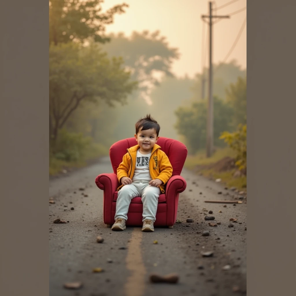 there is a small child sitting in a red chair in the middle of mud road, a picture by Saurabh Jethani, pixabay contest winner, art photography, cute boy, full body photogenic shot, boy, casual photography, cute photo, closeup portrait shot, sitting on his throne, modeling photography, portrait mode photo, stylish pose, with a cool pose, portrait image
