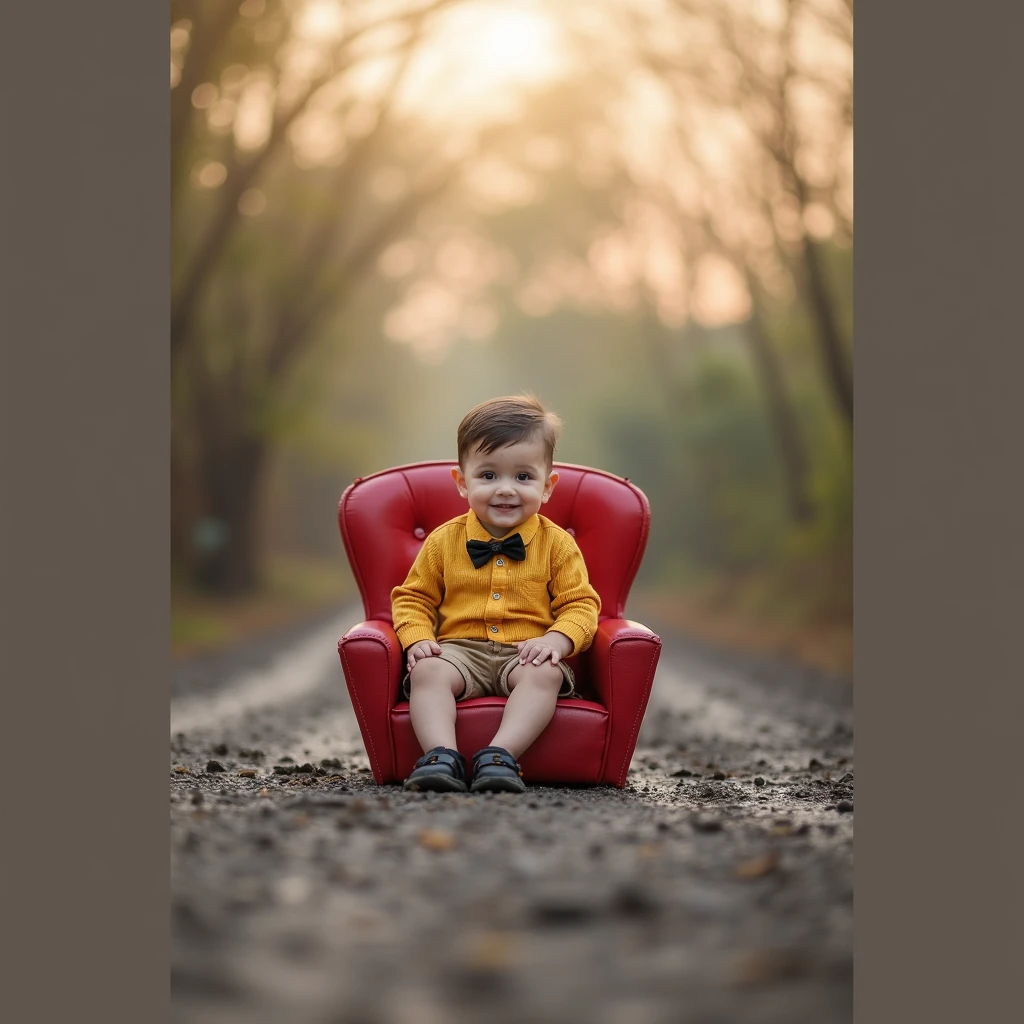 there is a small child sitting in a red chair in the middle of mud road, a picture by Saurabh Jethani, pixabay contest winner, art photography, cute boy, full body photogenic shot, boy, casual photography, cute photo, closeup portrait shot, sitting on his throne, modeling photography, portrait mode photo, stylish pose, with a cool pose, portrait image