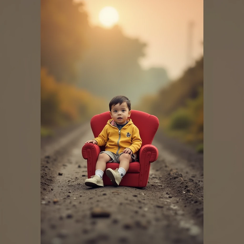 there is a small child sitting in a red chair in the middle of mud road, a picture by Saurabh Jethani, pixabay contest winner, art photography, cute boy, full body photogenic shot, boy, casual photography, cute photo, closeup portrait shot, sitting on his throne, modeling photography, portrait mode photo, stylish pose, with a cool pose, portrait image