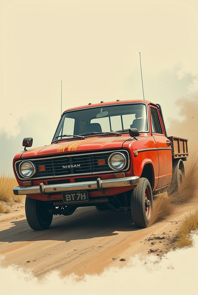 Create a drawing of a Nissan Datsun pickup turning to the right 