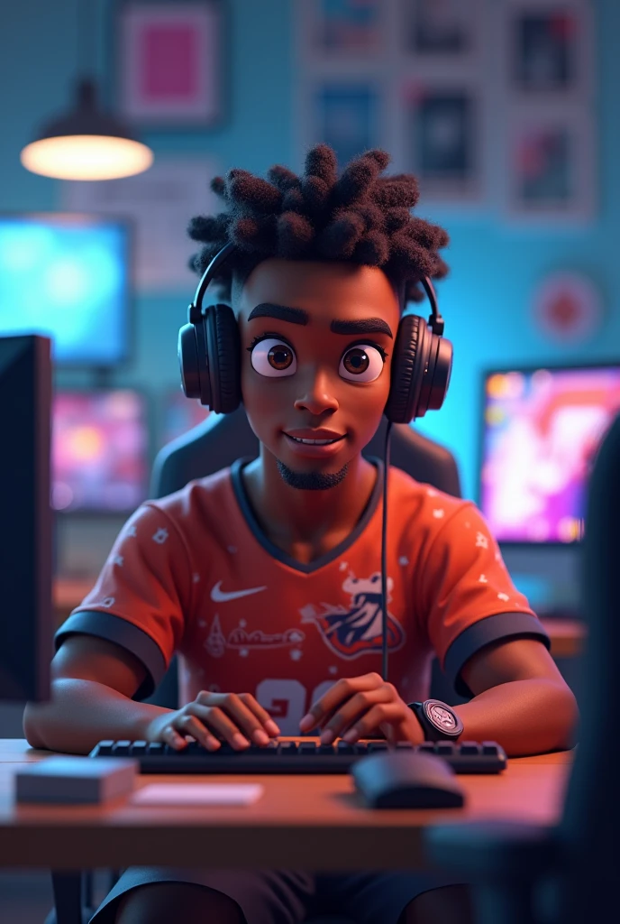 Create black character, masculine, 3D cartoon man with headphones and team jersey looking at camera and sitting at computer desk
