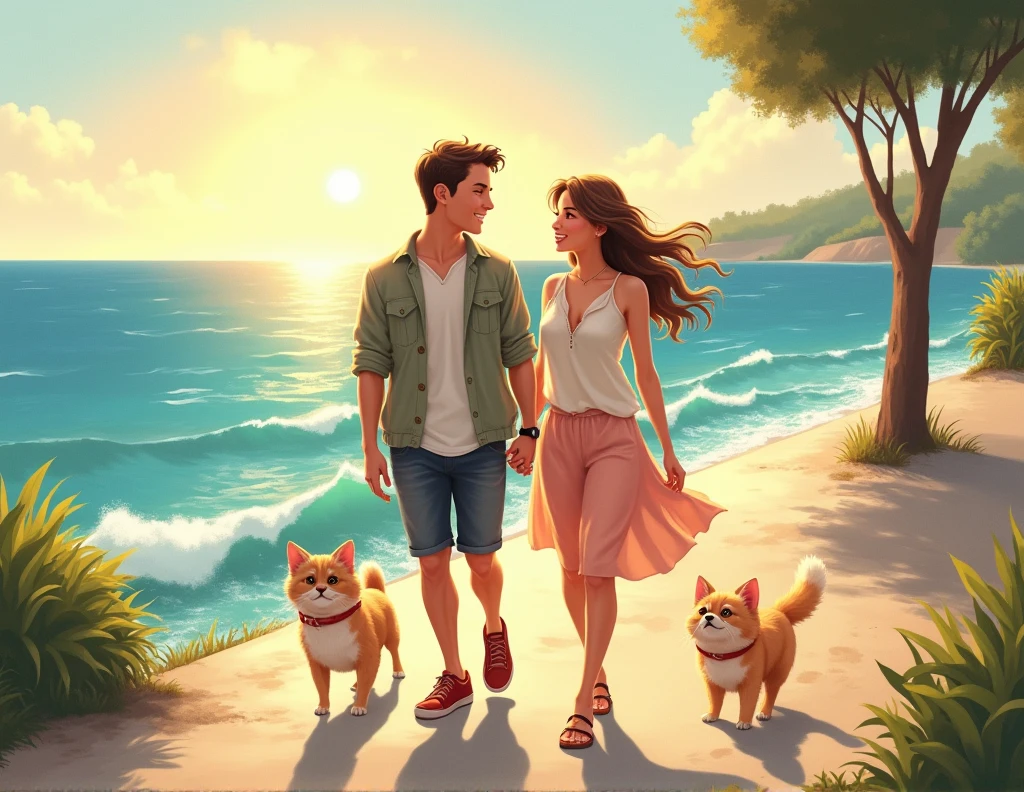 two lovers walking by the sea, and cute dogs and cats following them