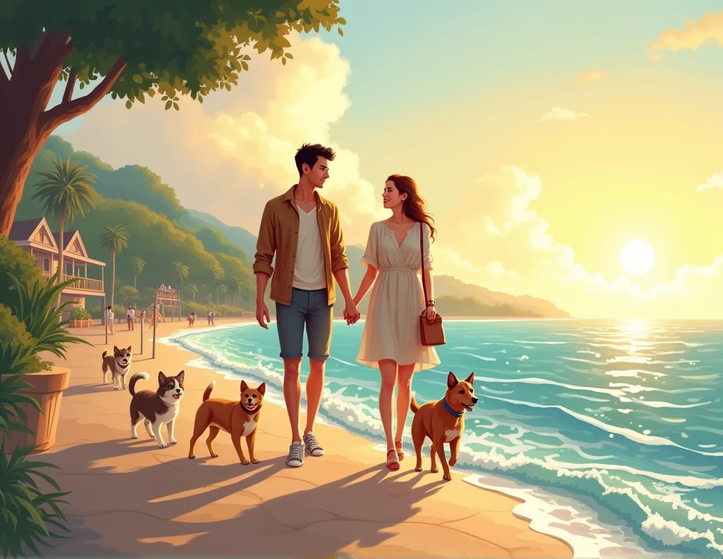 two lovers walking by the sea, and cute dogs and cats following them