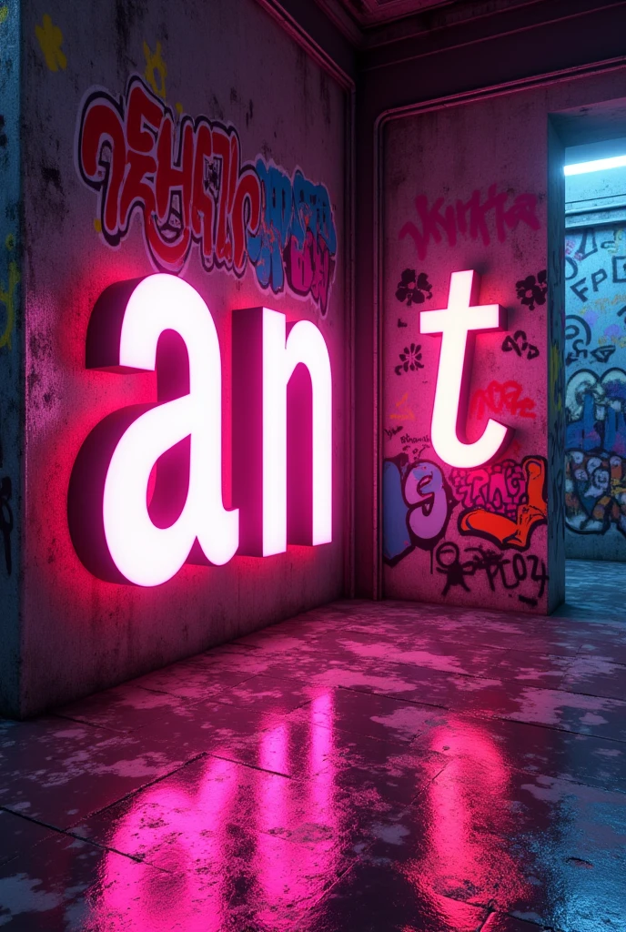 luz neón en formA de unA "A"y unA "in" juntAs, en un fondo de unA pAred con grAfitis que Al lAdo hAyA otrA luz neón en formA de " R T "