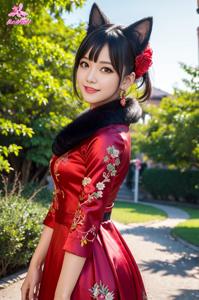 (masterpiece:1.4), (best quality:1.4), ultra high res, ultra high resolution, ((detailed facial features)), HDR, (realistic, photorealistic, photo-realistic:1.37), full body, sexy Vietnamese model, (-anime), only 1 model, vivid colors, very short hair, (beautiful smile), lip-gloss, long lashes, defined eyebrows, wearing large sparkling colorful jewelery, wearing a red silk Paradise Kiss cosplay dress with black floral embroidery, ((long fur vivid colors outfit)), vivid colors, look at the camera, cinematic light, large park background with trees, sweet and sexy pose