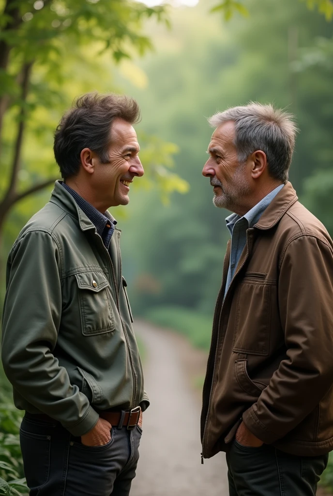 Create images of a man approximately 50 years old talking to a man approximately with fair skin and brown hair
