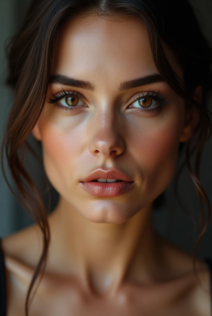 Create a realistic image of a woman with well-groomed brown eyebrows,the woman has to have a striking and seductive look