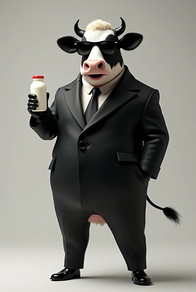 A smiling cow, 2-legged stand, dressed in a full-body black suit, has no udder, She doesn&#39;t have tits , with black leather gloves, with black sunglasses, holding a bottle of yogurt in his right hand.