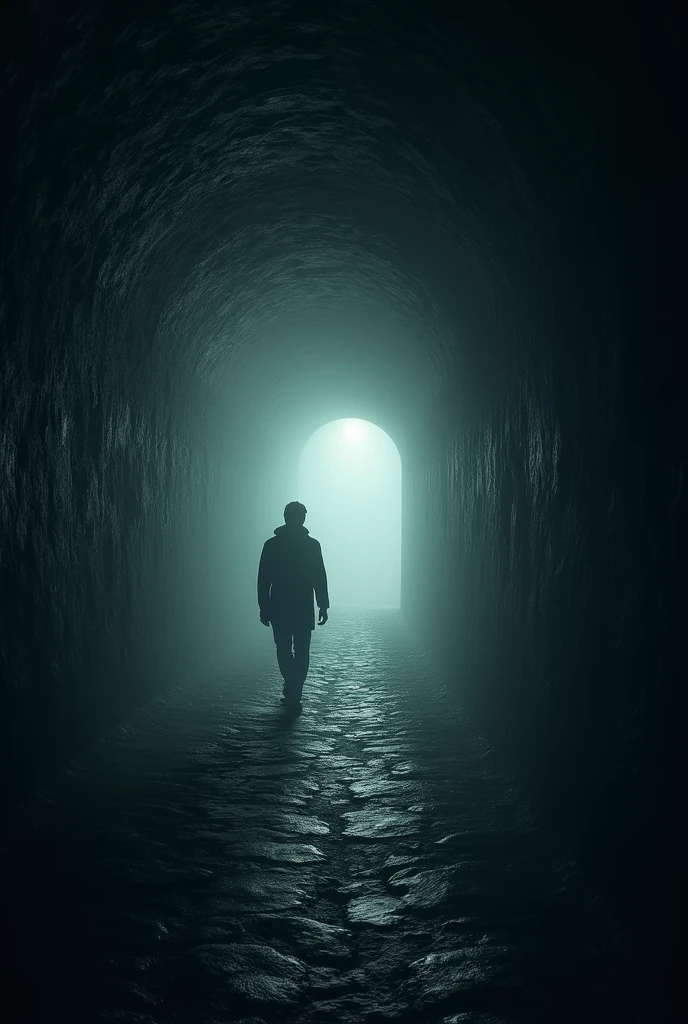 : A person walking through a dark tunnel, with a distant light at the end.