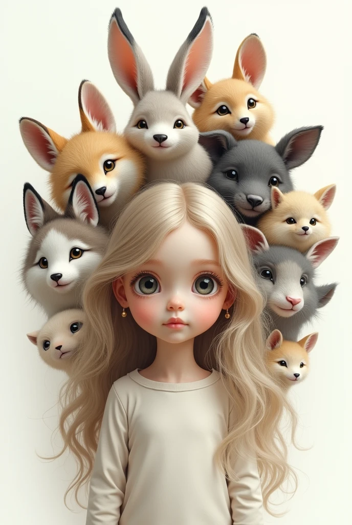 A long haired child with different animal faces around on a white screen