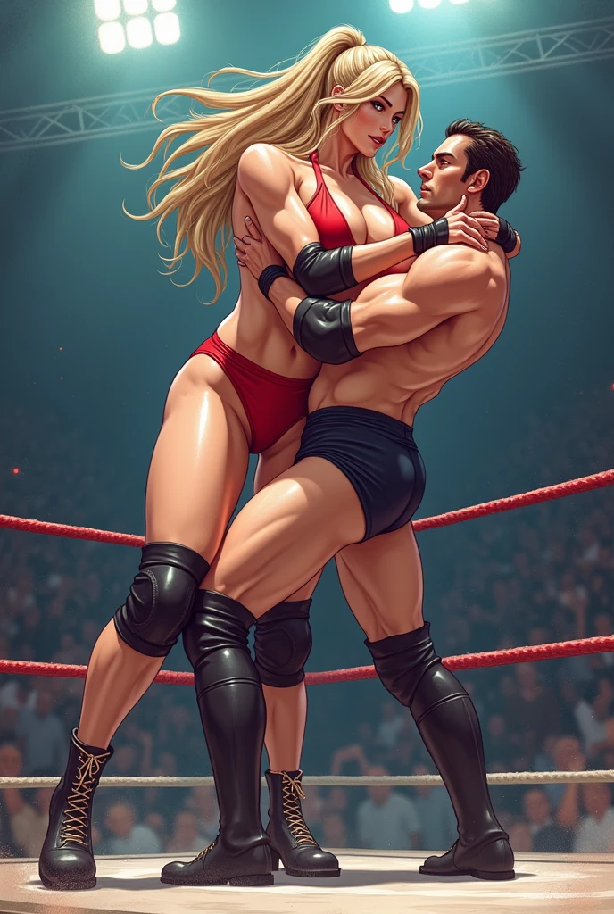 Wrestling. Tall Girl in Bikini Lifts Tall Guy by His Neck with Her Hands and Holds Guy Above Floor, the guy's legs are hanging over the floor, in the ring anime art, view from the back