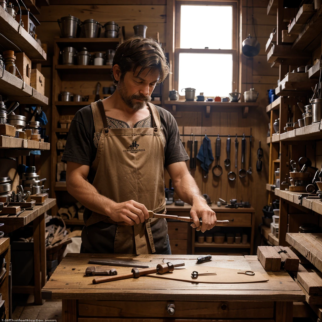 scene: A craftsman works in his workshop, manually creating handmade products.
Text: "People value craftsmanship and hand-made work.."