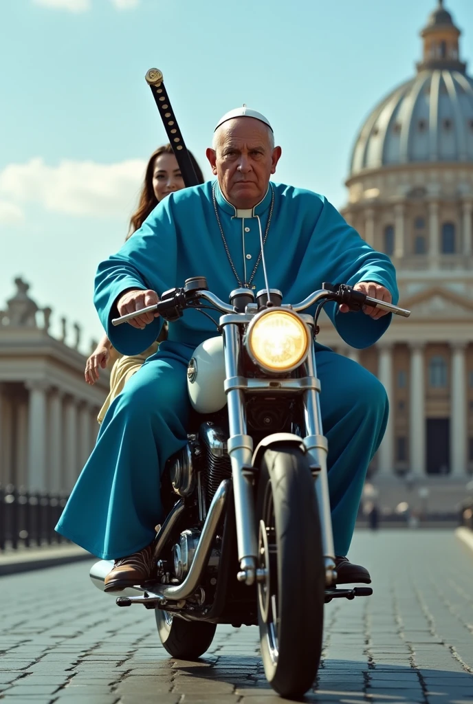 

"Create a realistic image of the Pope at the Vatican, dressed in a blue outfit and showing a strong physique, performing a maneuver on a motorcycle. The Pope is carrying a woman on the bike and has a samurai sword strapped to his back. The setting should be the Vatican, and the image should be in 9x16 4k HD format."
