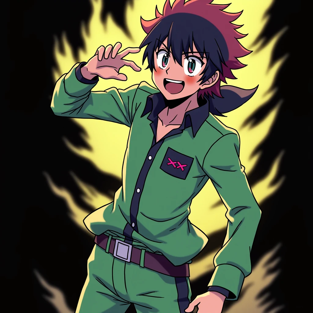 Create an art in the style of this image but of the character Hiusoka from Hunter x Hunter pink hair steals white and pink joker cards