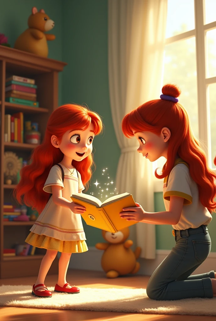 A Pixar-style image of a nine-year-old girl receiving a yellow book that has a life of its own from an eleven-year-old girl.