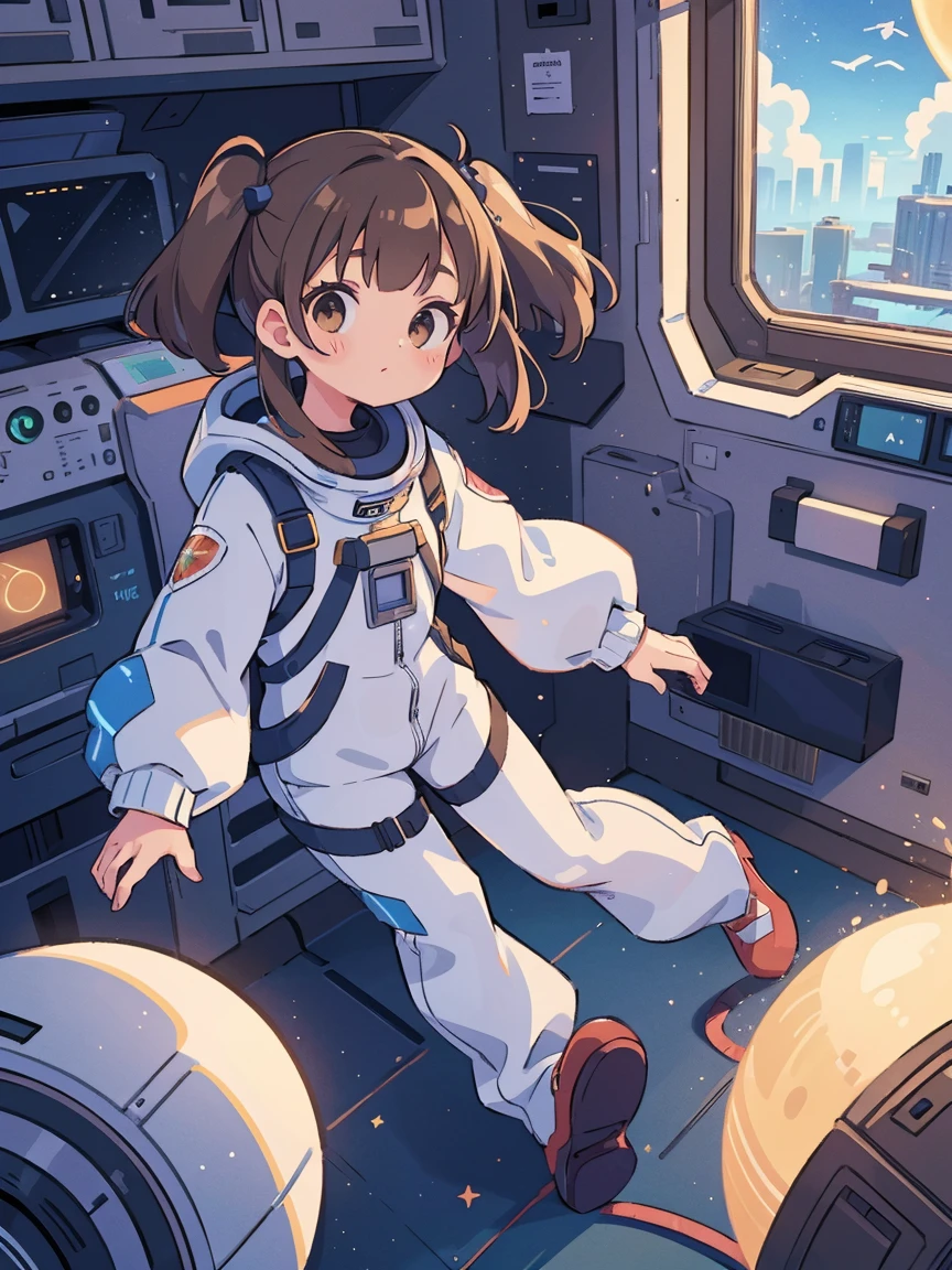 ((Best Quality)), (masutepiece)), (Details: 1.4), 。.。.3D, Absurd resolution, High resolution, (masutepiece: 1.4), ultra-detailliert, Beautiful girl 1 person, Futuristic female figure, Shimmering brown hair, Beautiful brown eyes, Beautiful face, 20 years old, Spaceship, floating, Small, space suits, Spaceship, window, Future, Dynamic Pose, Change of clothes, space girl