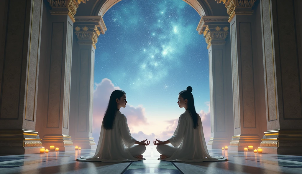 me realistic image of 2 asian meditating in an astral temple