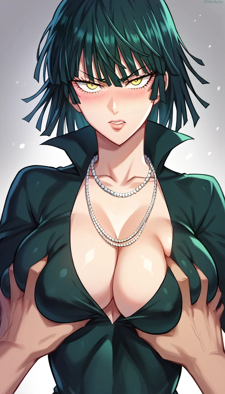 rating_explicit, fubuki from one punch man, yellow eyes, black dress, cleavage, necklaces, deepgrab, deep skin