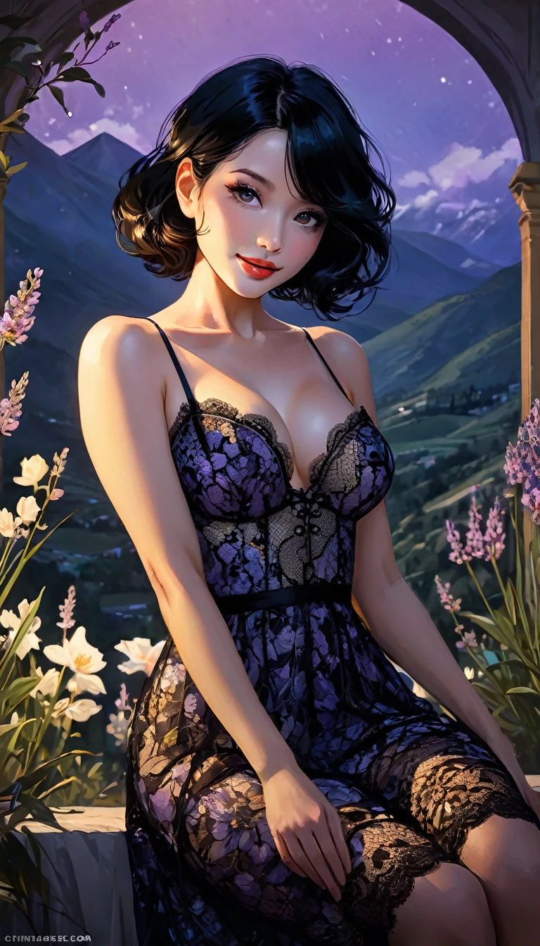 1 sexy girl, long black hair, lavender, lingerie, medium breasts, lace dress, grabs her breasts with her hands, shows her breasts, smile, flower garden, full body, sitting, mountains in the distance, light particles , (depth of field, cinematic angle, cinematic lighting: 1.2), blurred background, blurred foreground, (masterpiece: 1.2), (best quality: 1.2), (very aesthetic: 1.2), (absurdity: 1.2), ( detailed background), newest and intricate details (best quality, 4k, 8k, high resolution, masterpiece: 1.2), ultra detailed, (realistic, photorealistic, photorealistic: 1.37), intricate details, vivid colors, sharp focus, professional, Dave McKean's artwork, surreal oil touch, oil painting style, portrait, woman, beautiful detailed eyes, beautiful detailed lips, dreamy atmosphere, shadow play, soft lighting, fun pose, tones Dark ethereal background, elements fantasy, texture, layered composition.{{ {,nsfw, speech bubble, sexy nude, art inspired by Bill Sienkiewicz and Dave McKean