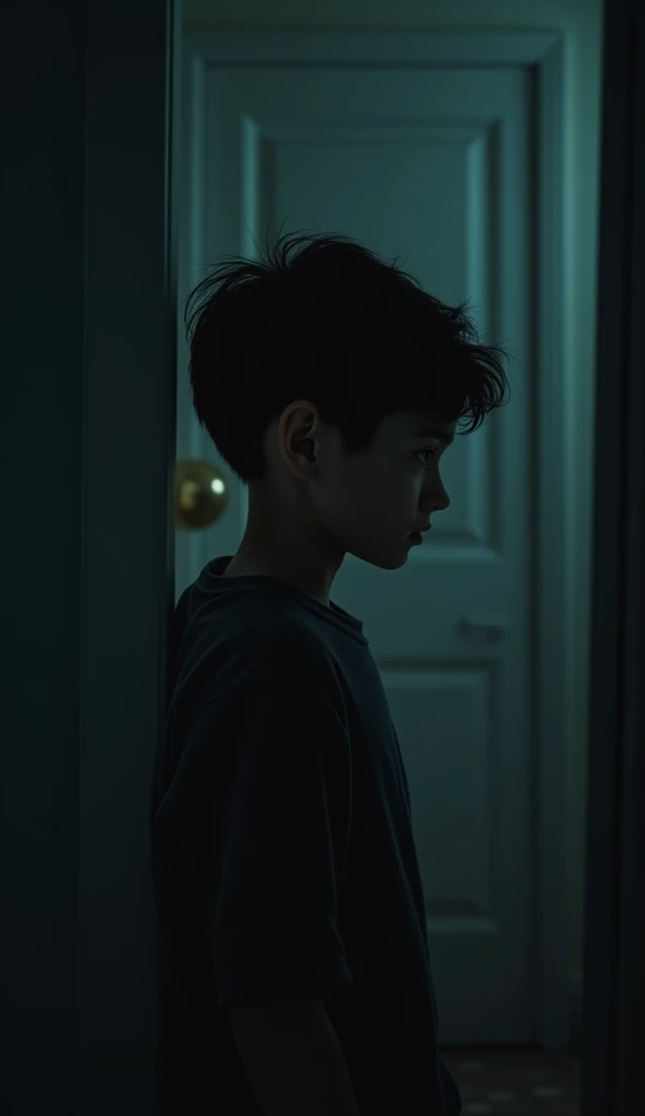 "A boy with a mischievous smile and a thoughtful expression, standing in a dark room. His gaze suggests he’s lost in cheeky, playful thoughts. The dim lighting casts soft shadows, creating an atmosphere that hints at the boy's intentions while maintaining a subtle and suggestive tone. The focus is on his facial expression and the atmosphere of the room."