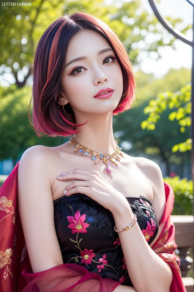 (masterpiece:1.4), (best quality:1.4), ultra high res, ultra high resolution, ((detailed facial features)), HDR, (realistic, photorealistic, photo-realistic:1.37), full body Esbian, sexy Vietnamese model, (-anime), vivid colors, ((vivid colors multicolor (red, pink) very short hair)), (happy smile), lip-gloss, long lashes, ultra detailed metallic makeup, defined eyebrows, wearing large sparkling colorful jewelery, wearing a red silk Paradise Kiss cosplay dress with black floral embroidery, ((vivid colors outfit)), vivid colors, look at the camera, cinematic light, large park background with trees, sweet and sexy pose