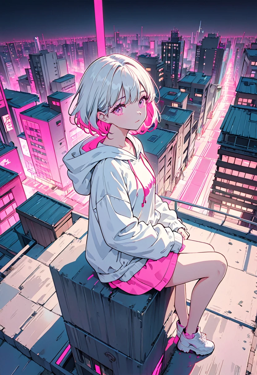 masterpiece,Highest quality,1 Synthwave style girl,Pink Outline,Neon lit street,Pink fluorescent paint,alone,From above,Cowboy Shot,Sitting on the roof of a building,Highly detailed CG,Flat Color,Limited edition palette,No Line Art,silhouette,Partially colored,Alternative color,Dynamic Angle,Pink long top champagne,Pink Shadow,Synthwave,chromatic aberration,(alone focus),Perfect Shadow,Wearing a white hoodie,Delicate face,,Beautiful and delicate eyes,White Hair,Short Bob Hair,Delicate background,dark pink neon lights,Around ,About 150 tall, ambiente con libelulas, libelula icono en su ropa
