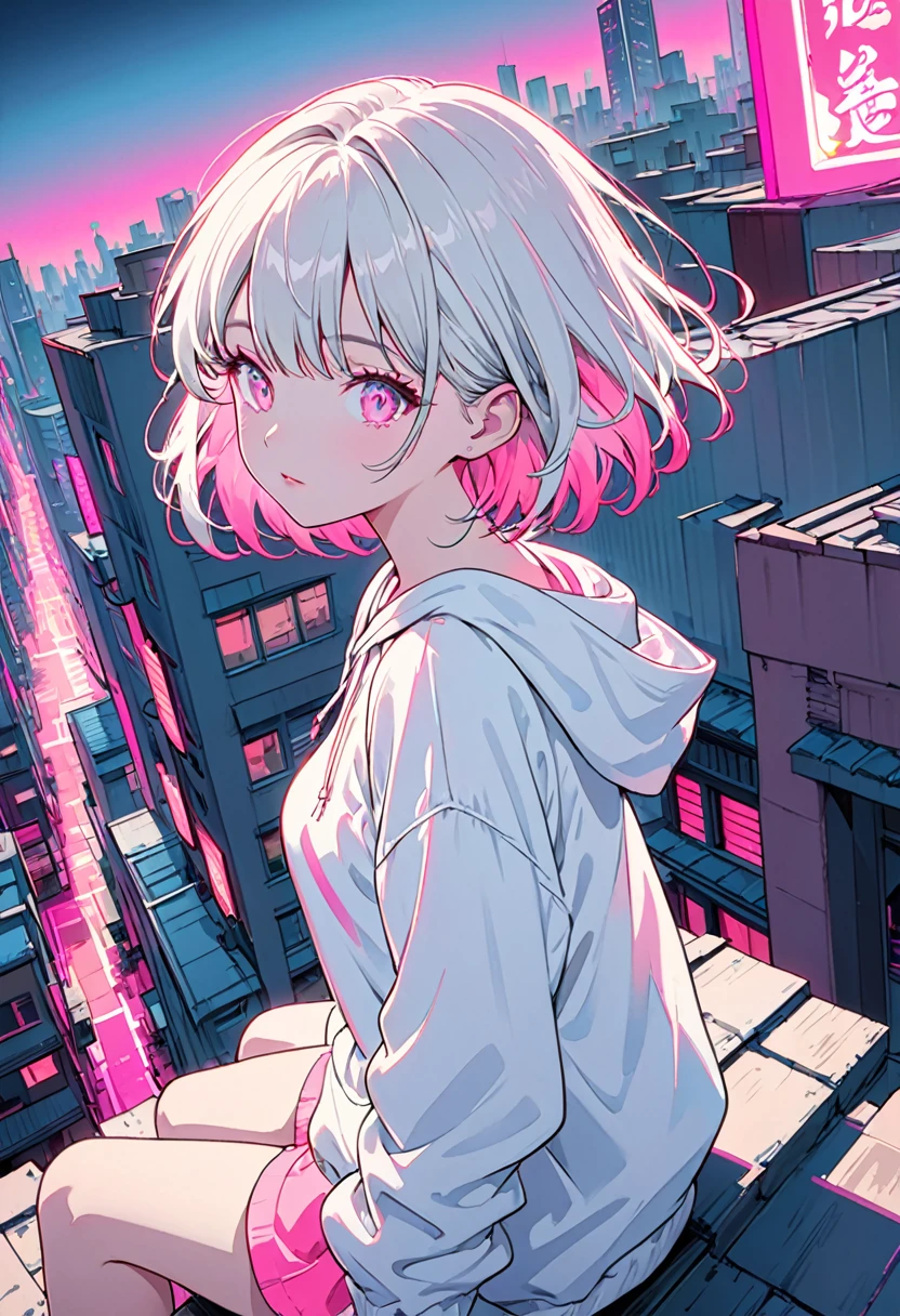 masterpiece,Highest quality,1 Synthwave style girl,Pink Outline,Neon lit street,Pink fluorescent paint,alone,From above,Cowboy Shot,Sitting on the roof of a building,Highly detailed CG,Flat Color,Limited edition palette,No Line Art,silhouette,Partially colored,Alternative color,Dynamic Angle,Pink long top champagne,Pink Shadow,Synthwave,chromatic aberration,(alone focus),Perfect Shadow,Wearing a white hoodie,Delicate face,,Beautiful and delicate eyes,White Hair,Short Bob Hair,Delicate background,dark pink neon lights,Around ,About 150 tall, ambiente con libelulas, libelula icono en su ropa