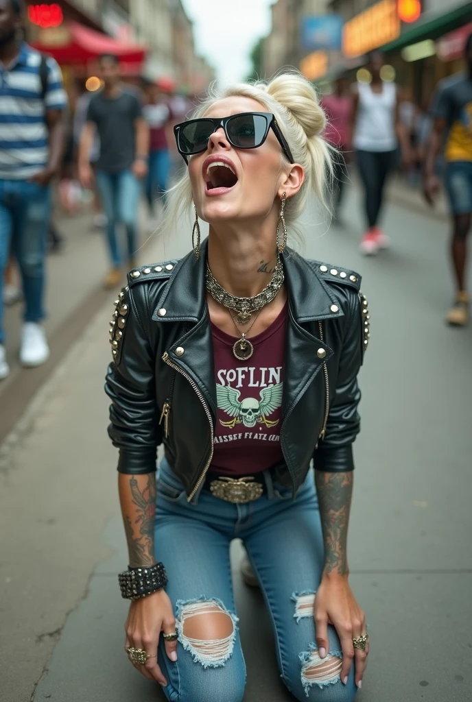 russian old milf woman, , blonde platinum hair (beehive bun) and oversized square sunglasses as headband), with very light green eyes, extremely pale. Wearing studded, padded shoulders, cropped black moto jacket (zippers on the side. dark burgundy push up t-shirt with skull and wings logo and gothic lettering,, dark skinny low rise blue jeans with holes on knees .White tennis sneakers. Lots of thick wide studded bracelets, chain collars and big rings. Tacky wide studded leather belt with big eagle oval buckle. Long earrings with chains. Kneeling and looking up at the sky, stretching her neck, open mouth. Hands on knees, Toned abdominals, thin neck, slim legs and thin arms. Narrow hips. Heavily tattooed in colour on chest, hands, neck and arms. Crowded street of Nairobi