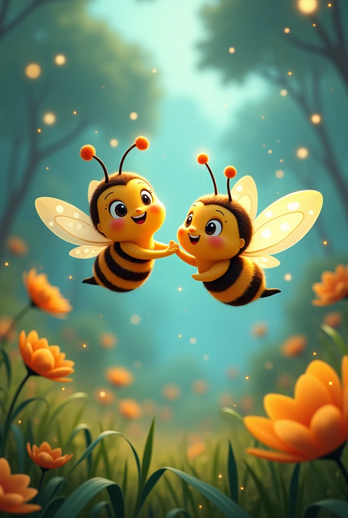 A bee and a firefly flying together (animated cartoon)