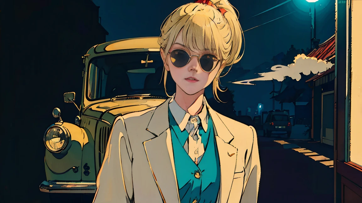 Russian beauty with ponytail gold hair, old car in background, perfect face, sunglasses, smoking white tailor-made cigarette, neo-noir, (after backlight correction: 1.1), hard shadow, masterpiece, top quality, , model shooting style, vintage, film grain, perfect detail,