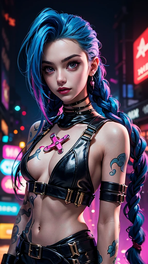 Jinx from Arcane, beautiful detailed eyes, beautiful detailed lips, extremely detailed face, long eyelashes, girl with colorful hair, dynamic pose, abstract background, neon lights, cyberpunk, vibrant colors, 8k, best quality, photorealistic, cinematic lighting, masterpiece