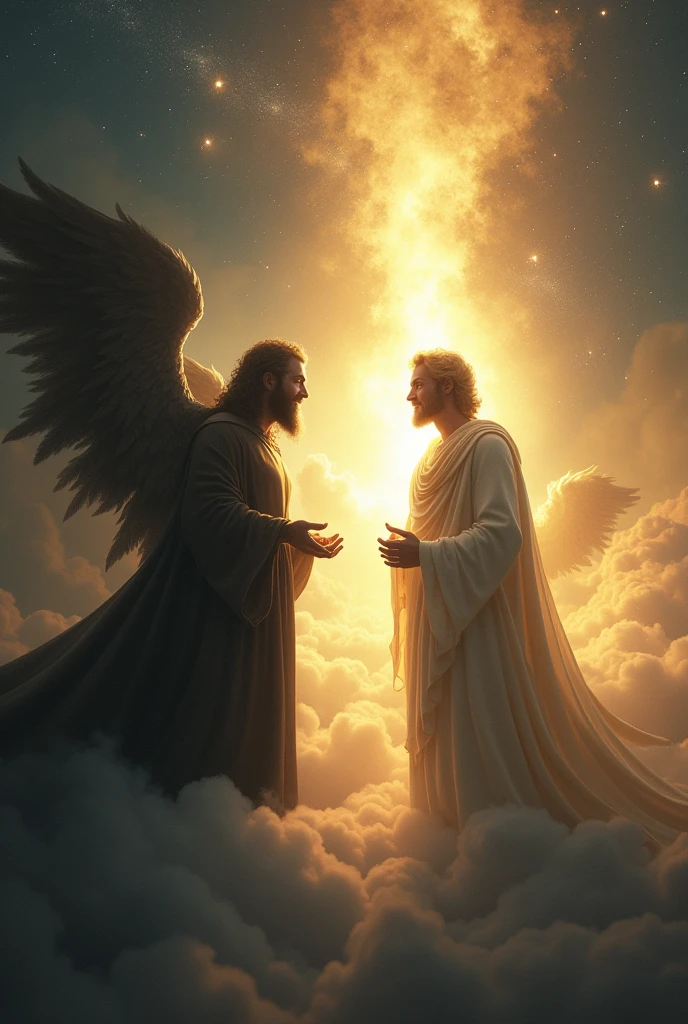 A powerful and symbolic scene in the heavens, depicting a conversation between God and Satan. God, radiating light, is portrayed as a majestic, serene figure with a calm and compassionate expression. He stands on the right side, surrounded by a soft golden glow that emanates peace and love. On the left side, Satan is depicted as a shadowy, dark figure with a menacing, yet uncertain, expression. He is surrounded by a swirling dark mist, symbolizing chaos and despair. Between them, there is a vast, starry sky that highlights the contrast between light and darkness. In the background, subtle hints of angelic figures can be seen, watching the exchange. The scene captures the tension of their conversation but ultimately shows the overwhelming power of light over darkness