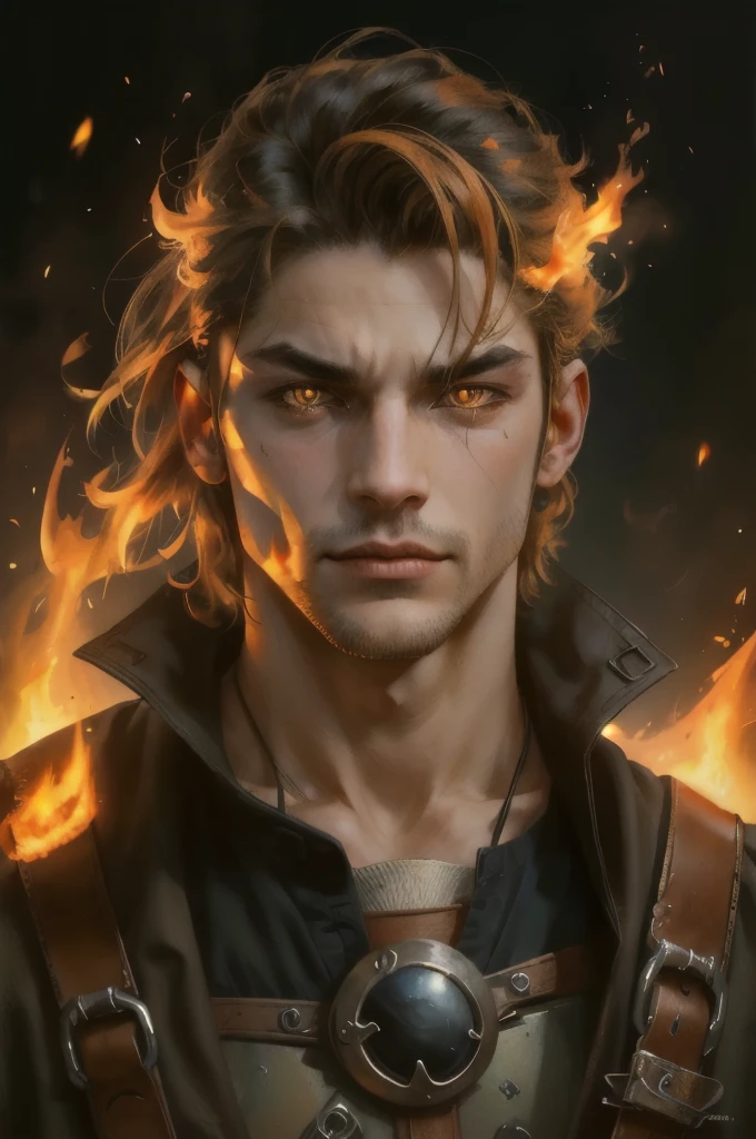 Male , Portrait, Hot, Orange fire Aura, Medieval, mechanic, evil face