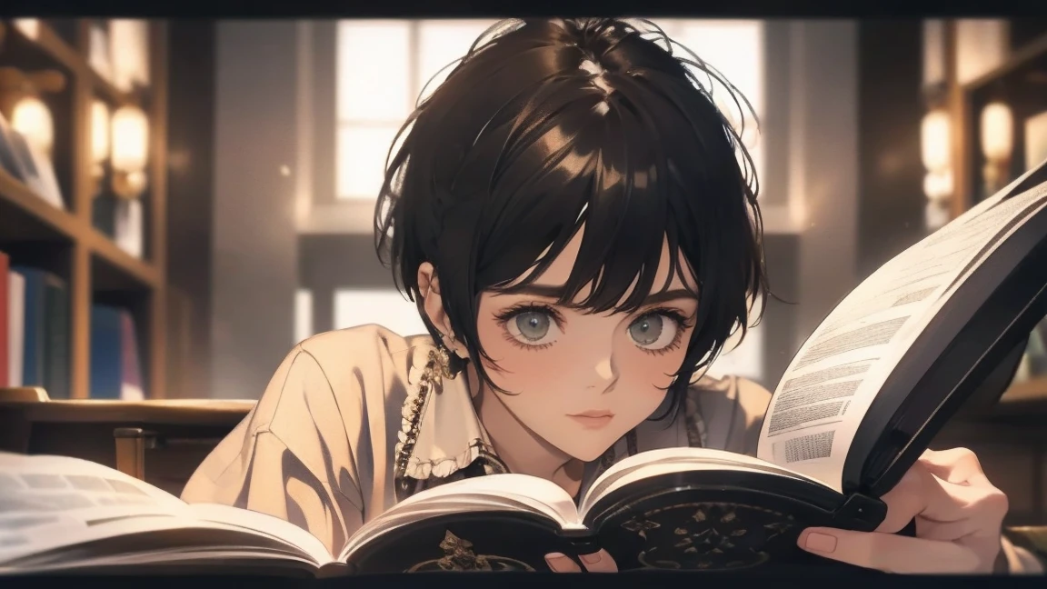 1girl, solo, short hair, brown hair, written clothes, brown eyes, lips, closed mouth, shirt, https://i.pinimg.com/736x/70/a4/1f/70a41fb6c007cc81a66ee1ea33a2c164.jpg, studying, with a book in hand, cozy vibes, headphones, studying, pretty girl, learning, sitting, reading a book, open book, book in hands, main colors: brown and beige, detailed background, not looking at viewer, not a close up