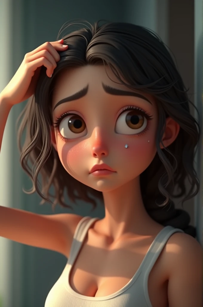 Create an animated 3D image of a young woman with a tear falling from her eye, looking directly forward. She has a sad, distressed expression. The animation should show her from the waist up. In her right hand, which is positioned next to her head, she holds a clump of hair that has fallen out. Her left hand remains close to her body. The scene should emphasize her sadness, with detailed facial expressions, realistic hair texture, and the tear visible on her cheek as she faces forward. The fallen hair should be clearly visible in her right hand, which is next to her head.