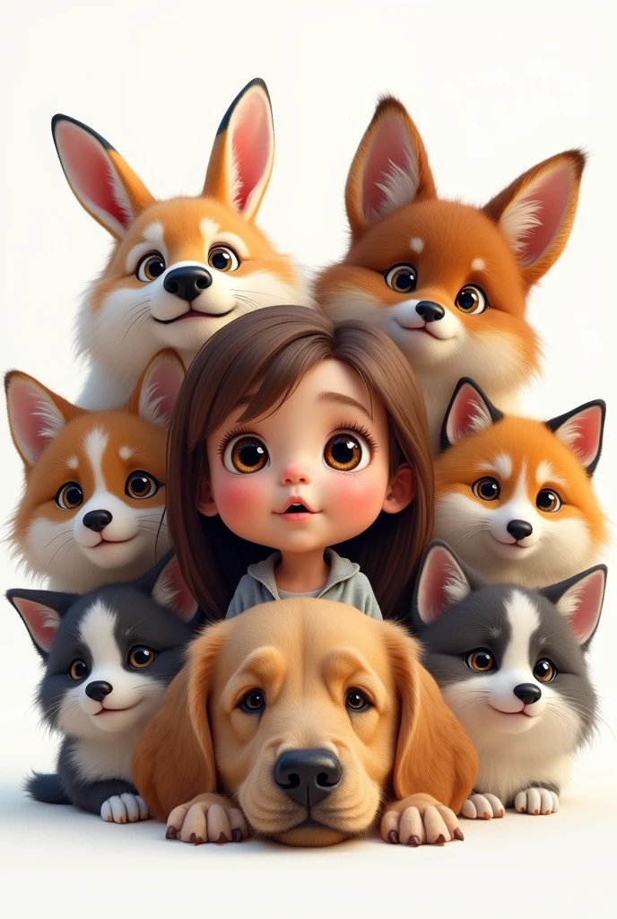 A long brown haired brown eyed with different animal faces around on a white screen