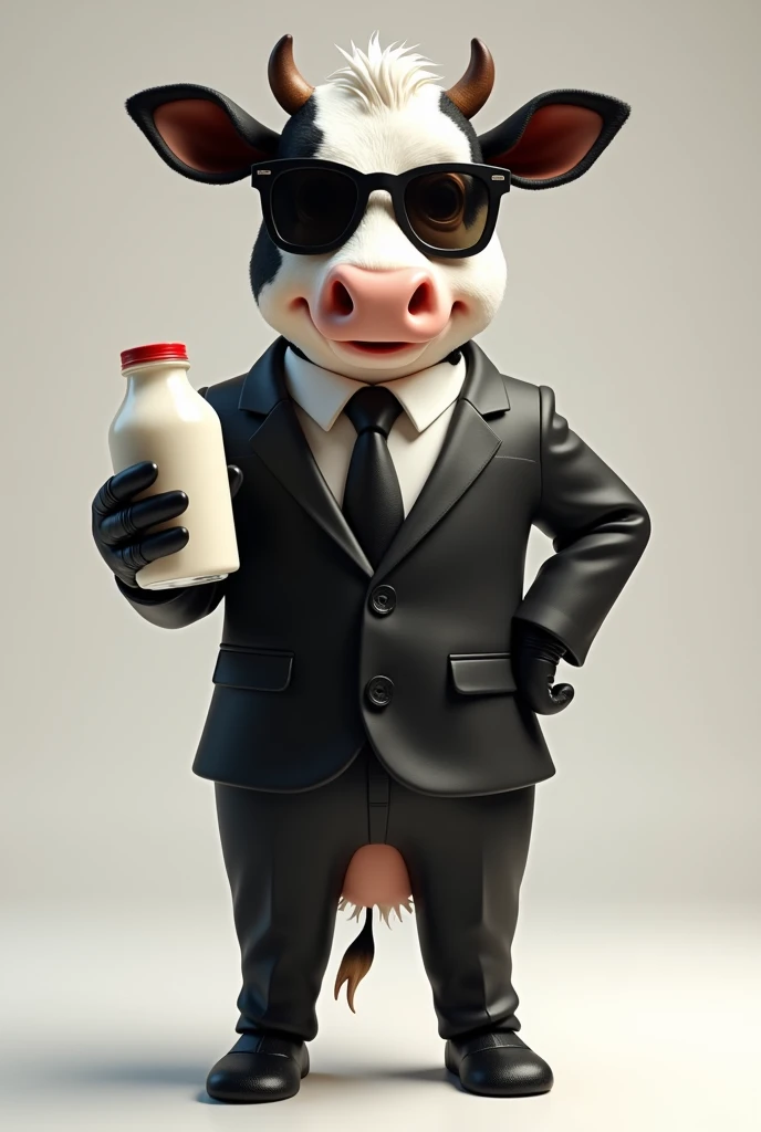A medium sized cow, standard weight, smiling, 2-legged stand, dressed in a full-body black suit, has no udder, She doesn't have tits , with black leather gloves, with black sunglasses, holding a bottle of yogurt in his right hand.