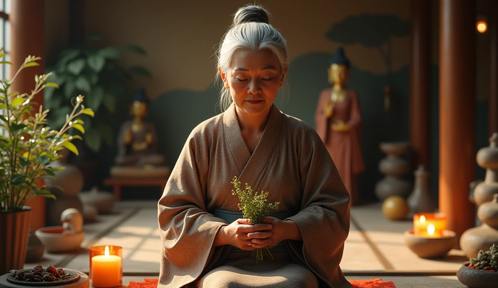 Create an ultra-realistic image of a 60-year-old traditional Japanese female healer dressed in exquisite clothing, handkerchief on the lap. She is performing a blessing ritual. The healer holds a bundle of herbs, like rue and basil, In your hands. His expression is serene and focused as he performs the ritual.. in the background candles, aromatic herbs, the buddhas 