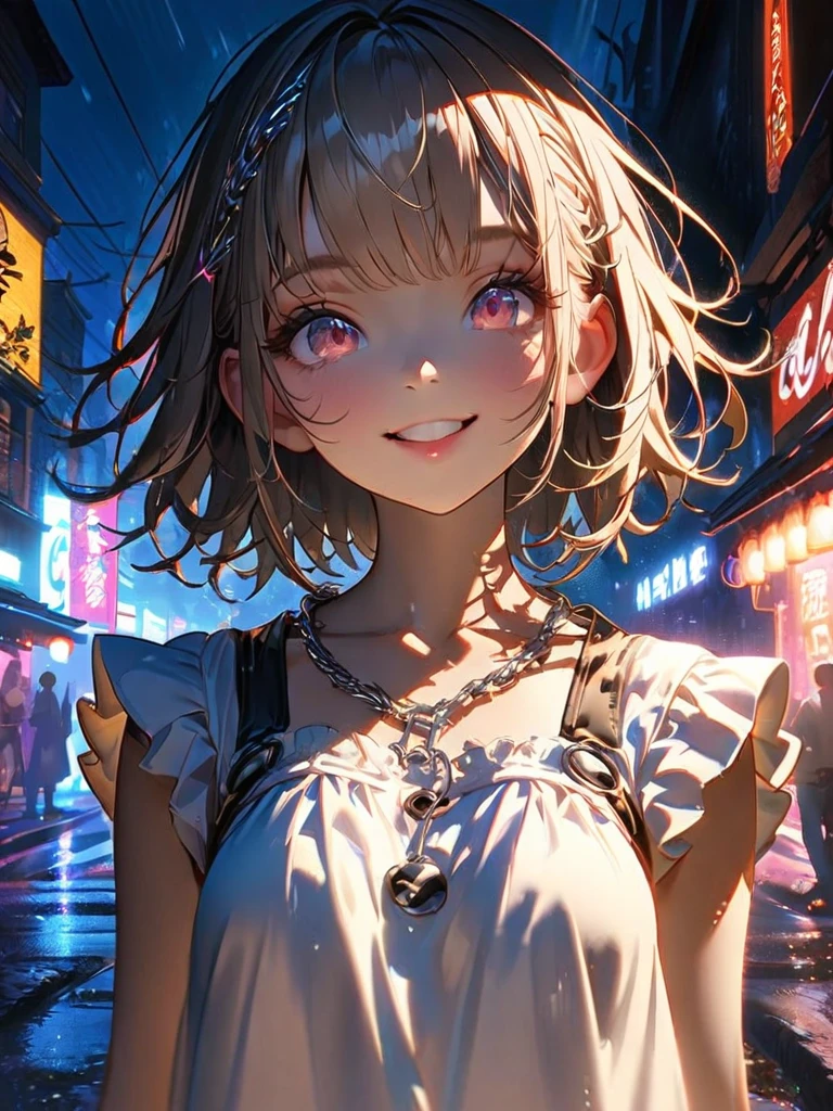 1 person, chromatic aberration, Written boundary depth, Soft Light, masterpiece, Highest quality, complicated, Tone Mapping, A place where fireworks are set off at festivals. Concept Art, Smooth, Clear focus, Dramatic lighting, Very cinematic, super practical painting, アートステーション's trending, 8k, Incredible Shadows, practical, whole body, View, Viewers, Portrait of a Girl 1, standing on street corner, Heavy rain and lightning、Dark Sky, neon and cyber punk background, she is dressed in punk clothing with silver chains and silver spikes, Her hair was dyed light brown....................Ominous aura of light, smile, punk, ciber punk, Backlight.Fashionable clothes、Friendly dress code: wearing cute white dress.My breasts are a little big