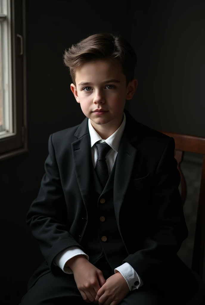 a young boy sitting alone, looking directly at the viewer, with a slight smile, wearing a formal coat, (best quality,4k,8k,highres,masterpiece:1.2),ultra-detailed,(realistic,photorealistic,photo-realistic:1.37),cinematic lighting,chiaroscuro lighting,elegant,formal,serious expression,contemplative,intricate details,striking pose,intricate clothing folds,dramatic lighting