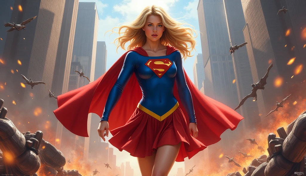 A very beautiful supergirl fighting criminals, whole body, Small breasts