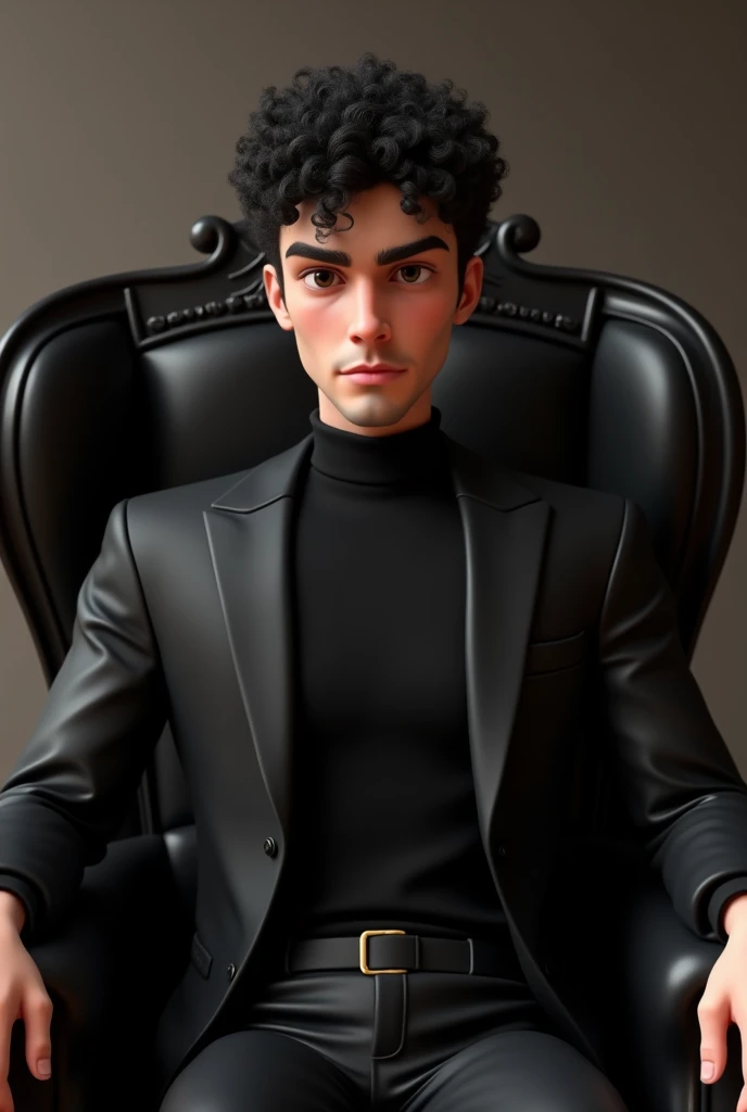 Gorgeous 25 yrs old man with curl hair wearing black turtle neck formal suit sitting in the black royal chair putting the 2 hand in armchair. 3D semi animated portrait full image