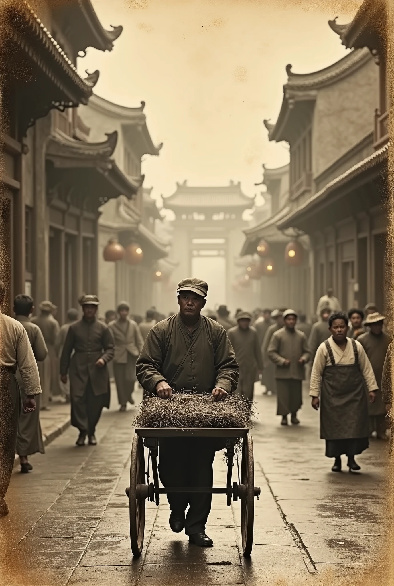 Photographie ancienne usée. Scène de vie.  Pousse-pousse en Chine à la fin de la dynastie Qing (16était le moyen de transport le plus populaire dans les grandes villes asiatiques pendant la première moitié du XXe siècle. Aux yeux de certains Occidentaux, il symbolisait la pauvreté asiatique, du moins une vie très dure.