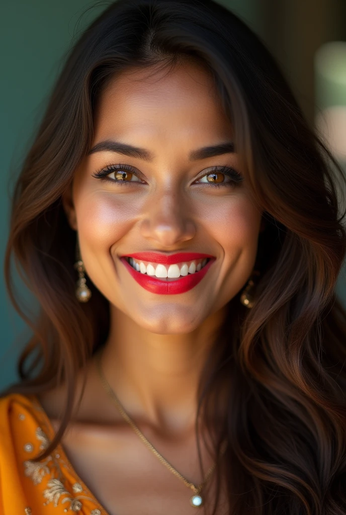A heavenly and incredibly beautiful Asian Indian. Sua pele beijada Pelo sol, Captivating honey eyes, and flowing brown hair immediately catches the eye. The portrait appears to be a high resolution photograph., capturing every detail to perfection. Her red lips are full and attractive, It exudes a seductive charm. The overall image quality is exceptional, natural with impressive details. an identical woman, Face, Pelo. A beautiful smile. 

She is a teacher and is teaching at the college to her students very happily..
